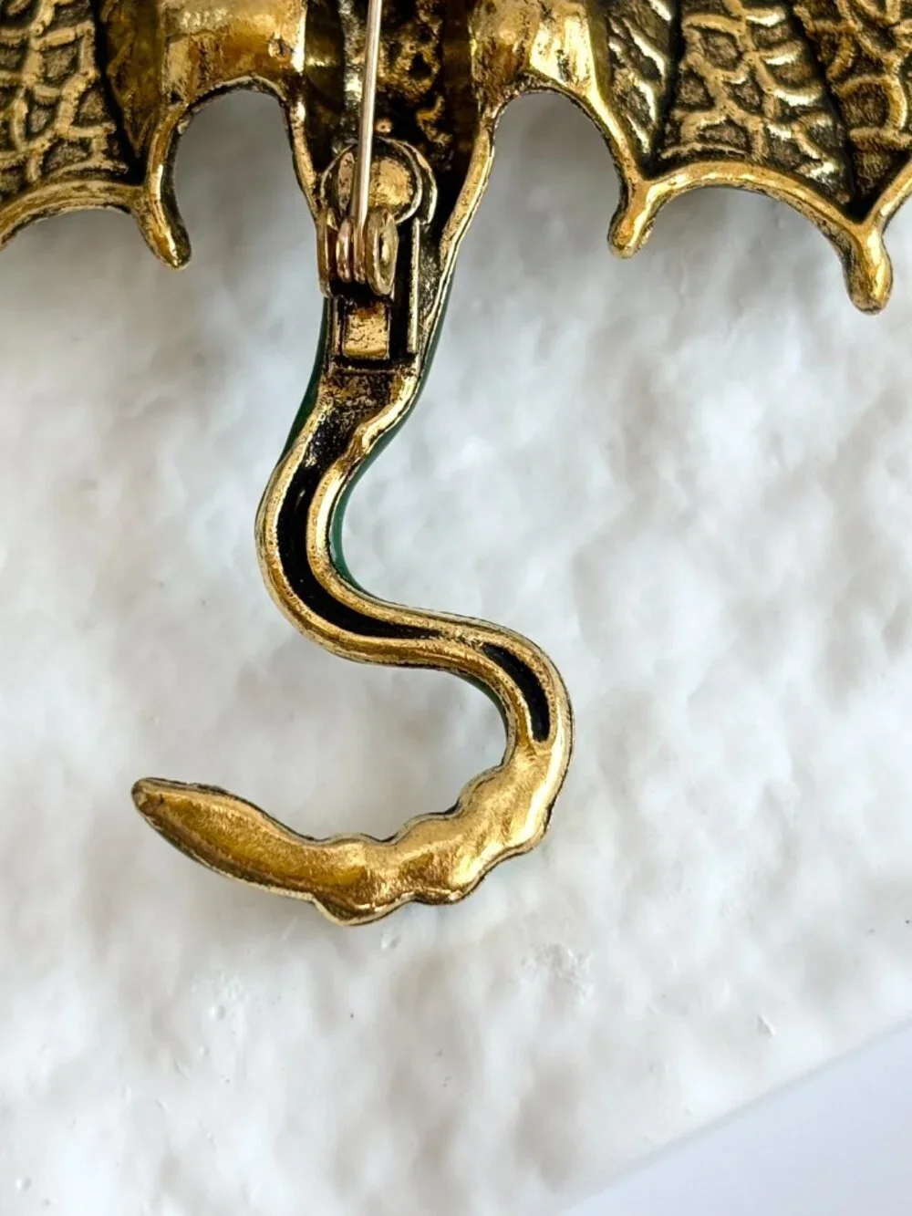 Dragon Figural Green Enameled Rhinestone Accented Gold Toned Brooch Pin